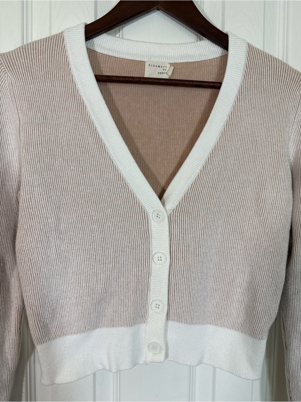 Dreamers by Debut Ribbed Cropped Cardigan Sweater Beige White Size S - Picture 3 of 12